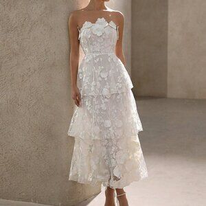 White Elegant Women's 3d Floral Decor Strapless Party Dress